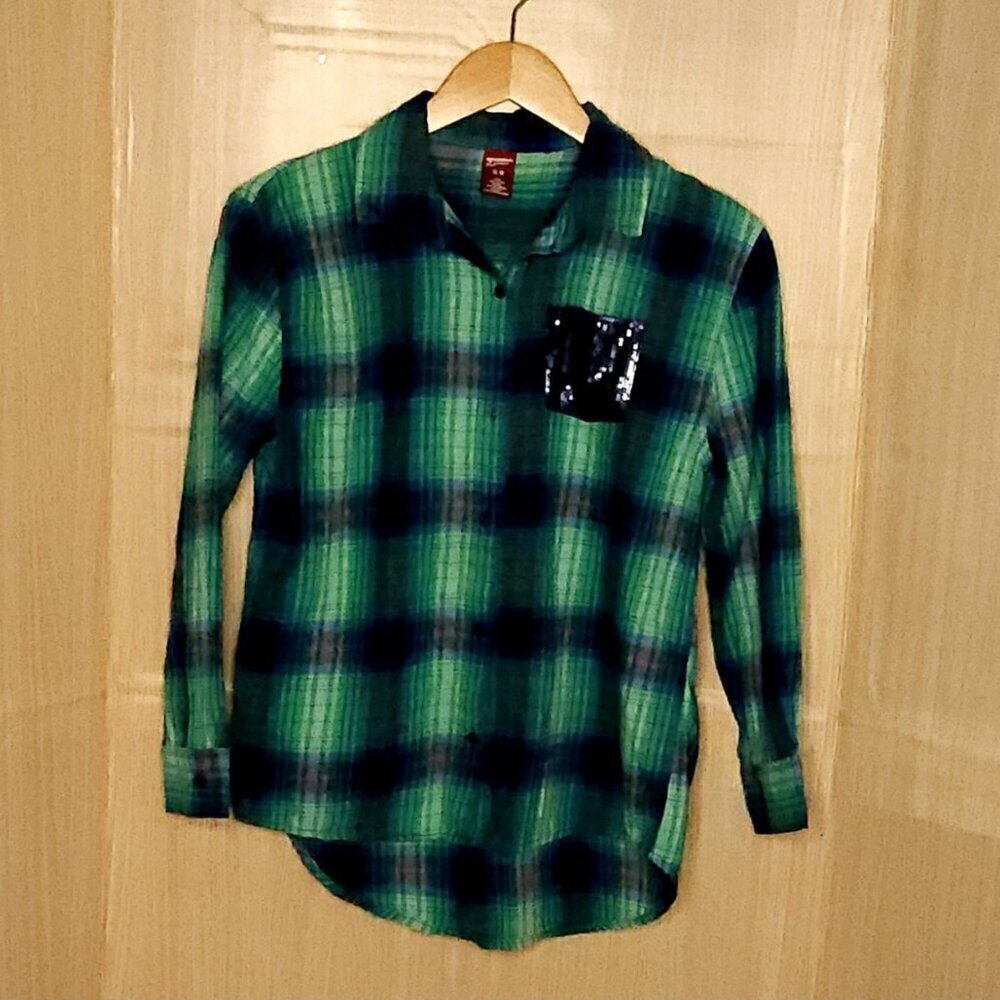 Arizona Girls Green Plaid Flannel With Sequin Pocket XL 16